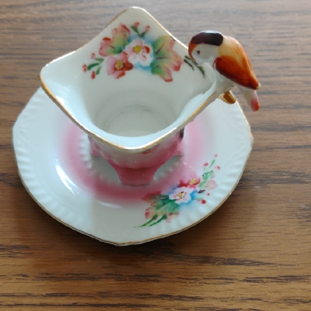 Porcelain Small Pet Feeder Cup with Pink Floral Design and Bird Accent